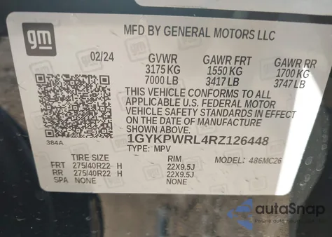 2024 Cadillac Lyriq Sport W/1Sk z USA, uszkodzony, nr VIN 1GYKPWRL4RZ126448